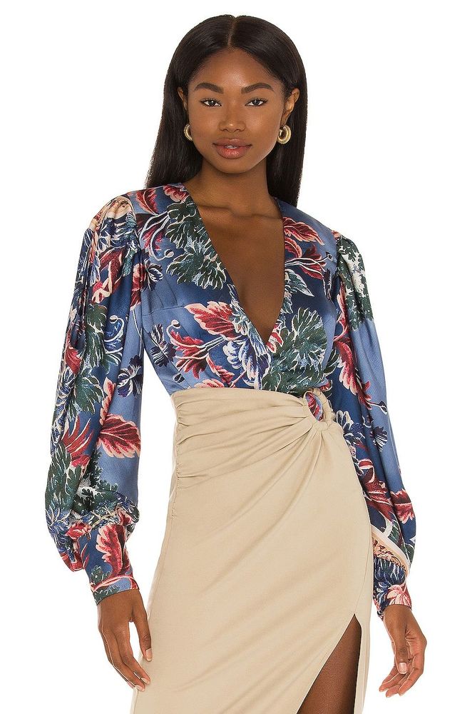 NEW PatBO Gilly Print Plunge Bodysuit in Blue Size XS REVOLVE MSRP $425